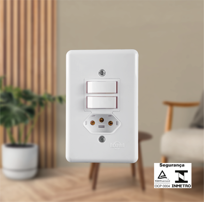 Interruptor 2 Teclas Paralelas + Tomada Fixa de Embutir 2P + T 10A 250V - Imagem 2