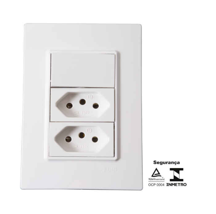 Conjunto 1 Interruptor Simples 10A e 2 Tomadas 10A 250V